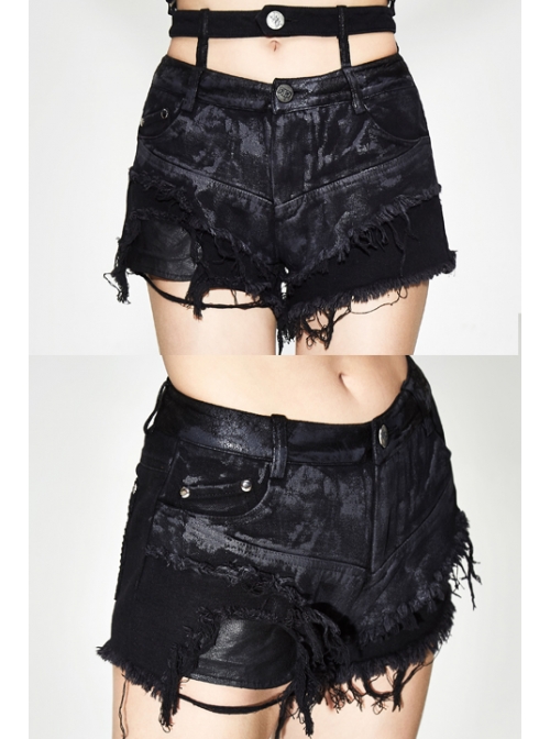 Double Waistband Burr Distressed Black Punk Mini Pants