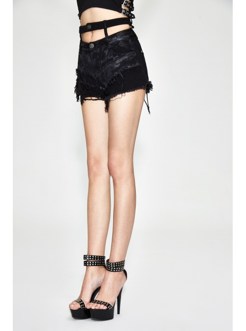 Double Waistband Burr Distressed Black Punk Mini Pants