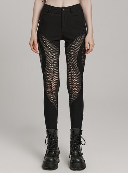 Personalized Elastic Woven Splicing Irregular Burnt Mesh Side Eyelet Decoration Punk Style Hollow Trousers