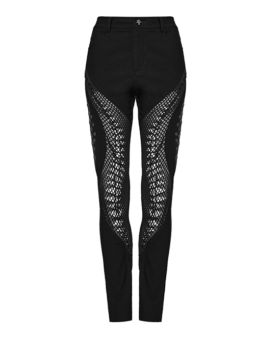Personalized Elastic Woven Splicing Irregular Burnt Mesh Side Eyelet Decoration Punk Style Hollow Trousers