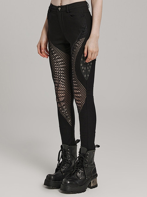 Personalized Elastic Woven Splicing Irregular Burnt Mesh Side Eyelet Decoration Punk Style Hollow Trousers