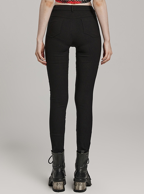Personalized Elastic Woven Splicing Irregular Burnt Mesh Side Eyelet Decoration Punk Style Hollow Trousers