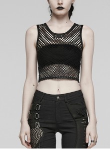 Black Soft Knitted Hollow Mesh Front Chest Webbing Embellished Punk Style Sleeveless Fitted Vest