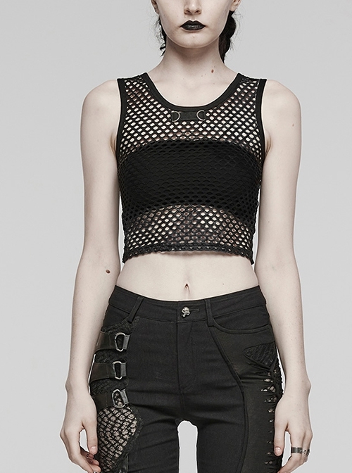 Black Soft Knitted Hollow Mesh Front Chest Webbing Embellished Punk Style Sleeveless Fitted Vest