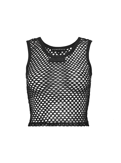 Black Soft Knitted Hollow Mesh Front Chest Webbing Embellished Punk Style Sleeveless Fitted Vest