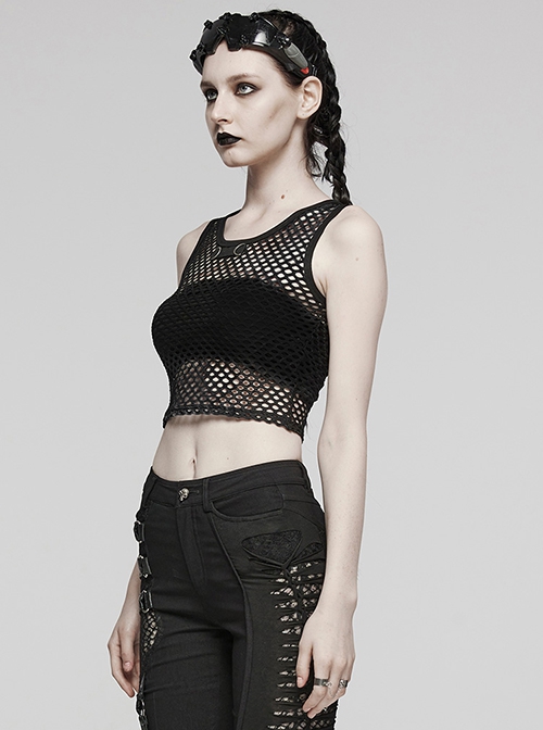 Black Soft Knitted Hollow Mesh Front Chest Webbing Embellished Punk Style Sleeveless Fitted Vest