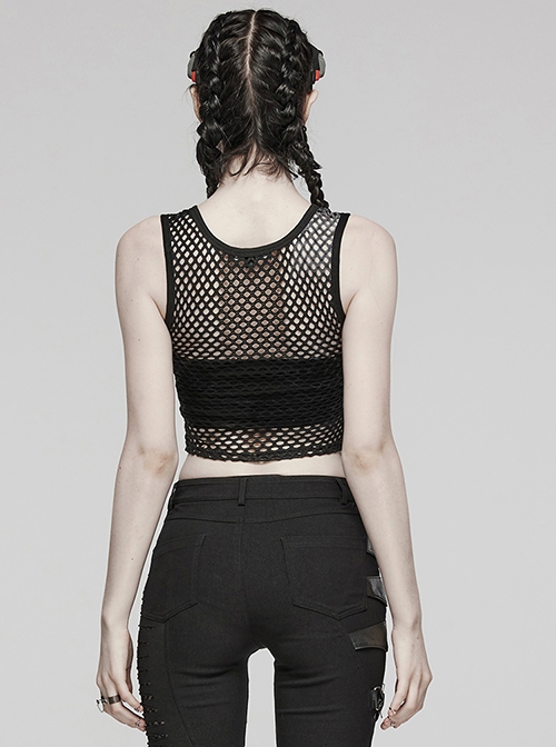 Black Soft Knitted Hollow Mesh Front Chest Webbing Embellished Punk Style Sleeveless Fitted Vest