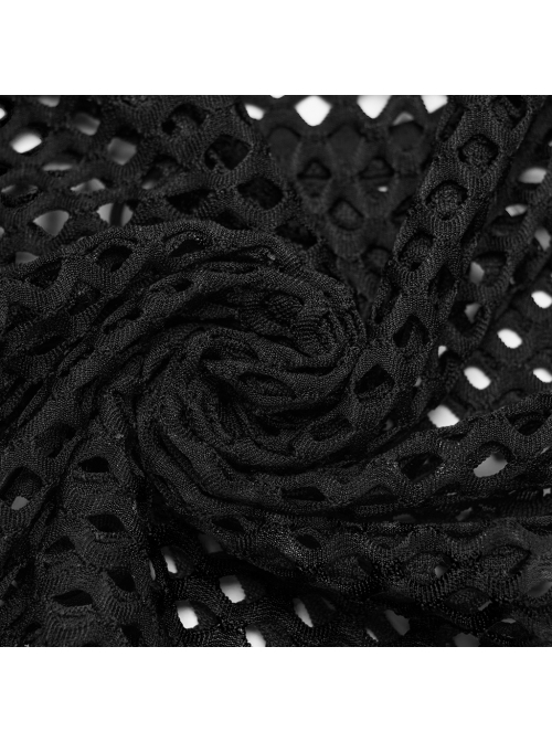 Black Soft Knitted Hollow Mesh Front Chest Webbing Embellished Punk Style Sleeveless Fitted Vest