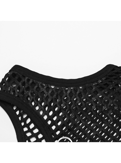 Black Soft Knitted Hollow Mesh Front Chest Webbing Embellished Punk Style Sleeveless Fitted Vest
