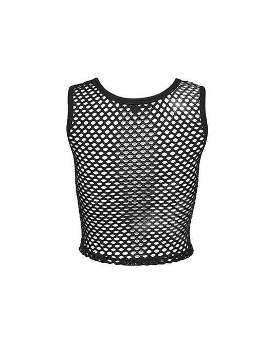 Black Soft Knitted Hollow Mesh Front Chest Webbing Embellished Punk Style Sleeveless Fitted Vest