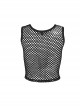 Black Soft Knitted Hollow Mesh Front Chest Webbing Embellished Punk Style Sleeveless Fitted Vest