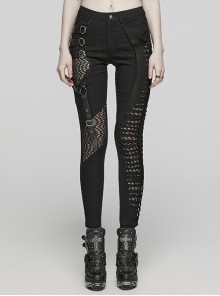 Black Stretch Knit Patchwork Asymmetrical Rubber Mesh Side Panels Embellished Punk Style Split Trousers