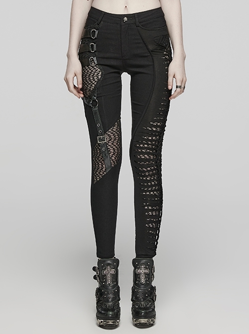 Black Stretch Knit Patchwork Asymmetrical Rubber Mesh Side Panels Embellished Punk Style Split Trousers