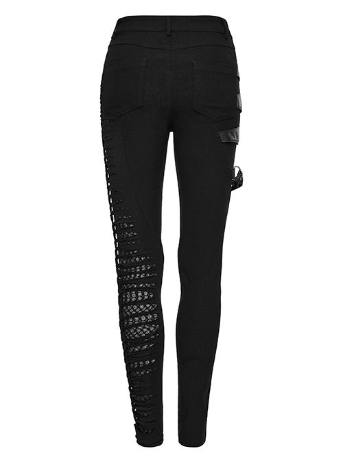 Black Stretch Knit Patchwork Asymmetrical Rubber Mesh Side Panels Embellished Punk Style Split Trousers