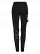 Black Stretch Knit Patchwork Asymmetrical Rubber Mesh Side Panels Embellished Punk Style Split Trousers