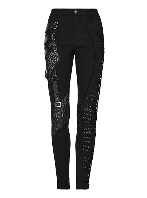 Black Stretch Knit Patchwork Asymmetrical Rubber Mesh Side Panels Embellished Punk Style Split Trousers