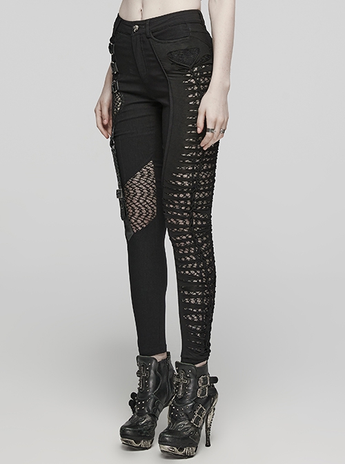 Black Stretch Knit Patchwork Asymmetrical Rubber Mesh Side Panels Embellished Punk Style Split Trousers