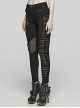 Black Stretch Knit Patchwork Asymmetrical Rubber Mesh Side Panels Embellished Punk Style Split Trousers
