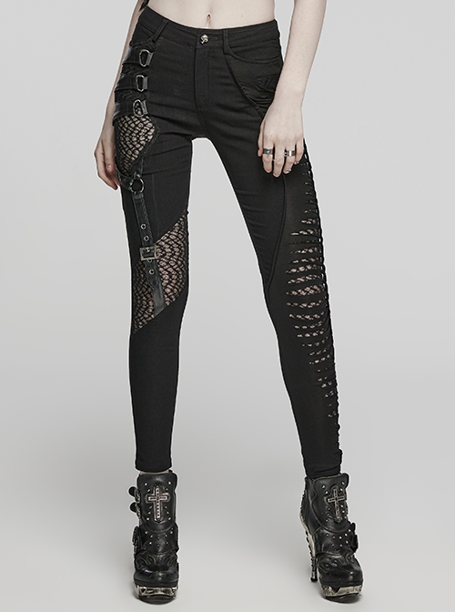 Black Stretch Knit Patchwork Asymmetrical Rubber Mesh Side Panels Embellished Punk Style Split Trousers