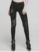 Black Stretch Knit Patchwork Asymmetrical Rubber Mesh Side Panels Embellished Punk Style Split Trousers