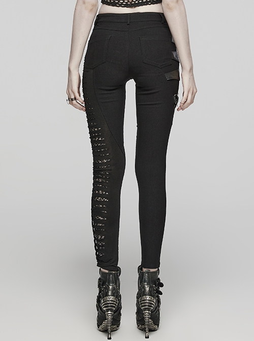 Black Stretch Knit Patchwork Asymmetrical Rubber Mesh Side Panels Embellished Punk Style Split Trousers