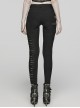 Black Stretch Knit Patchwork Asymmetrical Rubber Mesh Side Panels Embellished Punk Style Split Trousers