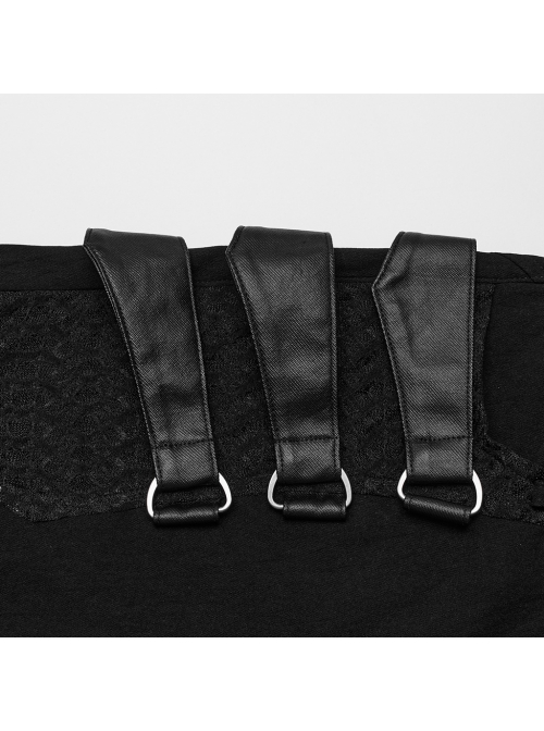 Black Stretch Knit Patchwork Asymmetrical Rubber Mesh Side Panels Embellished Punk Style Split Trousers