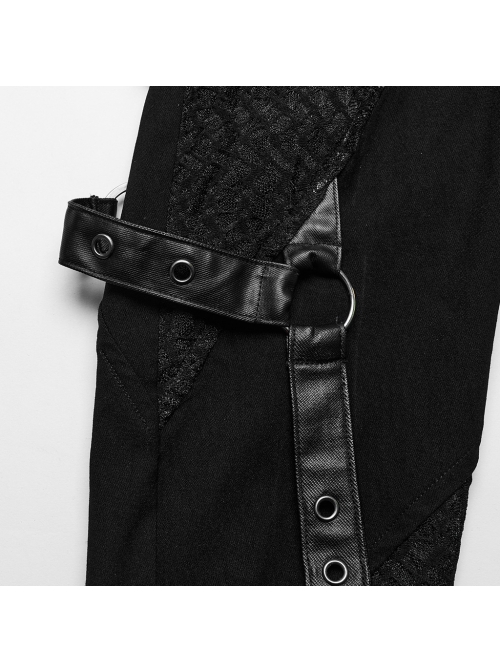 Black Stretch Knit Patchwork Asymmetrical Rubber Mesh Side Panels Embellished Punk Style Split Trousers
