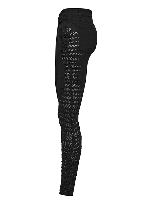 Black Stretch Knit Patchwork Asymmetrical Rubber Mesh Side Panels Embellished Punk Style Split Trousers