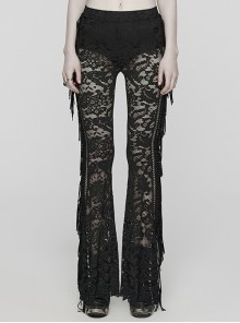Sexy Black Stretch Lace Pattern Mesh Side Ribbon Decorated Gothic See Through Trousers