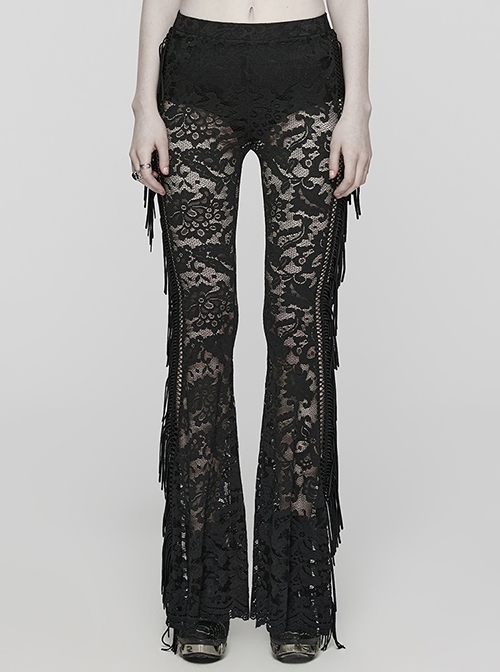 Sexy Black Stretch Lace Pattern Mesh Side Ribbon Decorated Gothic See Through Trousers