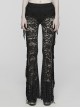 Sexy Black Stretch Lace Pattern Mesh Side Ribbon Decorated Gothic See Through Trousers