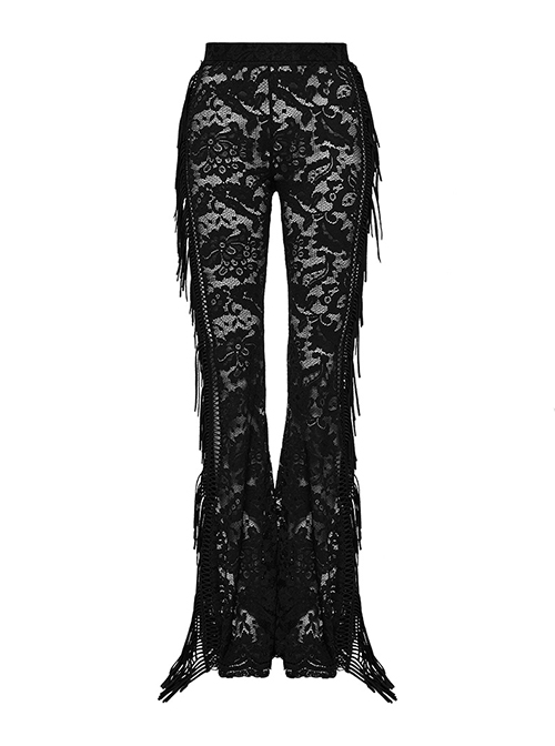 Sexy Black Stretch Lace Pattern Mesh Side Ribbon Decorated Gothic See Through Trousers