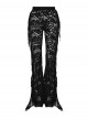Sexy Black Stretch Lace Pattern Mesh Side Ribbon Decorated Gothic See Through Trousers