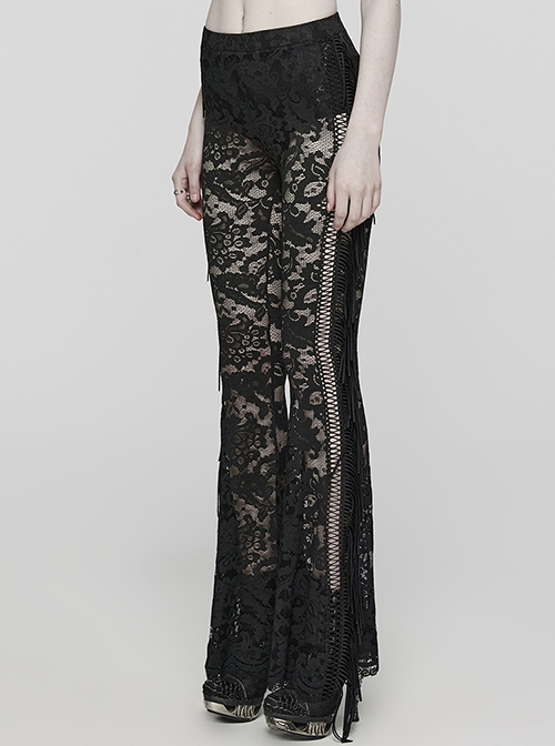 Sexy Black Stretch Lace Pattern Mesh Side Ribbon Decorated Gothic See Through Trousers