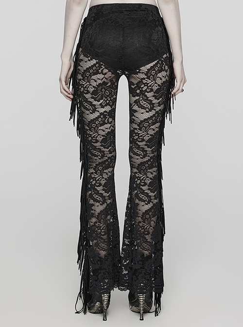 Sexy Black Stretch Lace Pattern Mesh Side Ribbon Decorated Gothic See Through Trousers