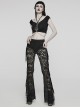 Sexy Black Stretch Lace Pattern Mesh Side Ribbon Decorated Gothic See Through Trousers