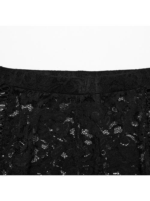 Sexy Black Stretch Lace Pattern Mesh Side Ribbon Decorated Gothic See Through Trousers