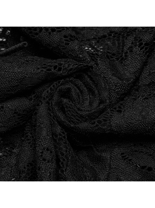 Sexy Black Stretch Lace Pattern Mesh Side Ribbon Decorated Gothic See Through Trousers