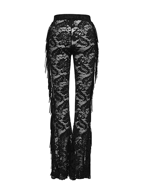 Sexy Black Stretch Lace Pattern Mesh Side Ribbon Decorated Gothic See Through Trousers