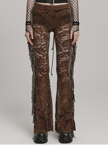 Sexy Brown Stretch Lace Pattern Mesh Side Ribbon Decorated Gothic See Through Trousers