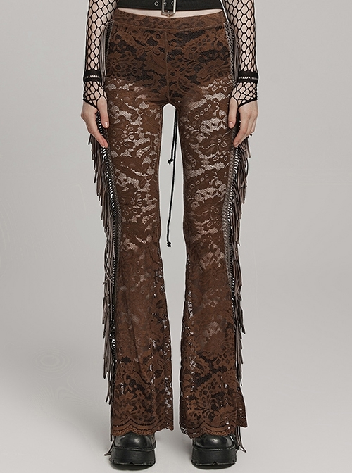 Sexy Brown Stretch Lace Pattern Mesh Side Ribbon Decorated Gothic See Through Trousers