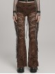 Sexy Brown Stretch Lace Pattern Mesh Side Ribbon Decorated Gothic See Through Trousers