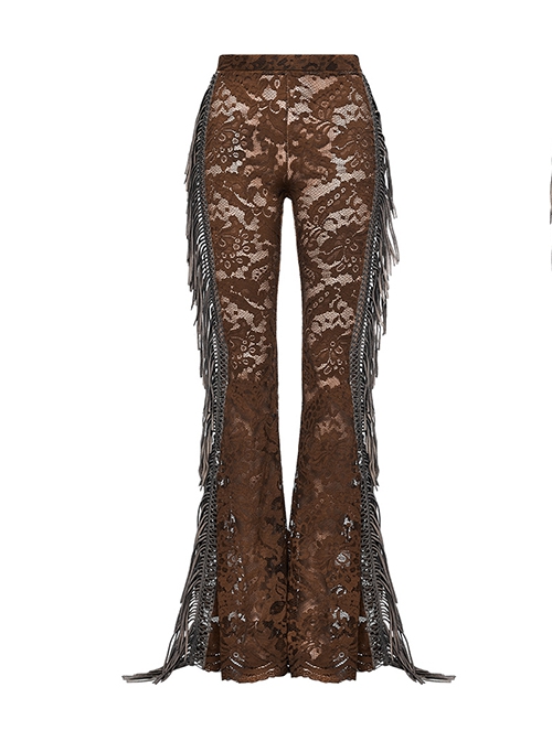 Sexy Brown Stretch Lace Pattern Mesh Side Ribbon Decorated Gothic See Through Trousers