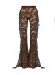 Sexy Brown Stretch Lace Pattern Mesh Side Ribbon Decorated Gothic See Through Trousers
