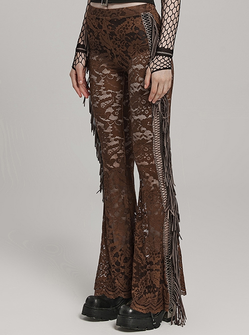 Sexy Brown Stretch Lace Pattern Mesh Side Ribbon Decorated Gothic See Through Trousers