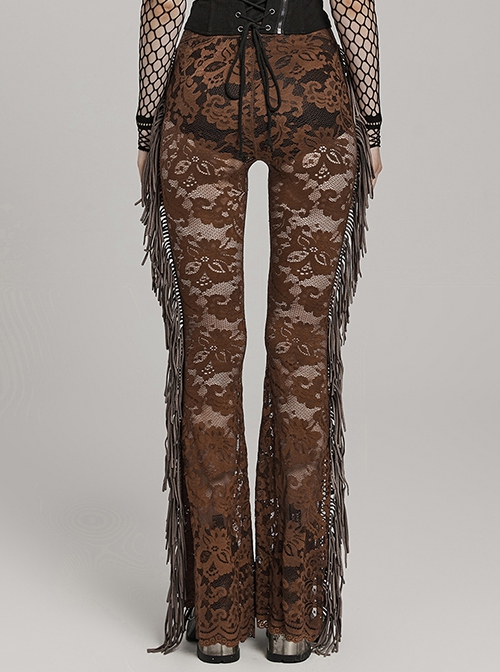 Sexy Brown Stretch Lace Pattern Mesh Side Ribbon Decorated Gothic See Through Trousers