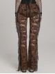 Sexy Brown Stretch Lace Pattern Mesh Side Ribbon Decorated Gothic See Through Trousers