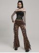 Sexy Brown Stretch Lace Pattern Mesh Side Ribbon Decorated Gothic See Through Trousers
