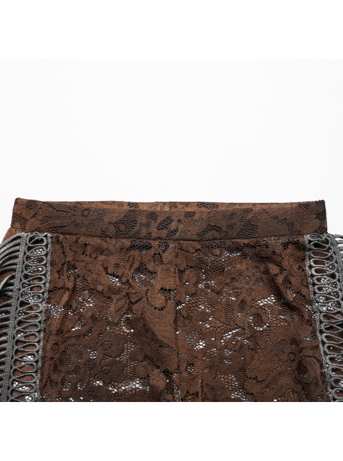 Sexy Brown Stretch Lace Pattern Mesh Side Ribbon Decorated Gothic See Through Trousers